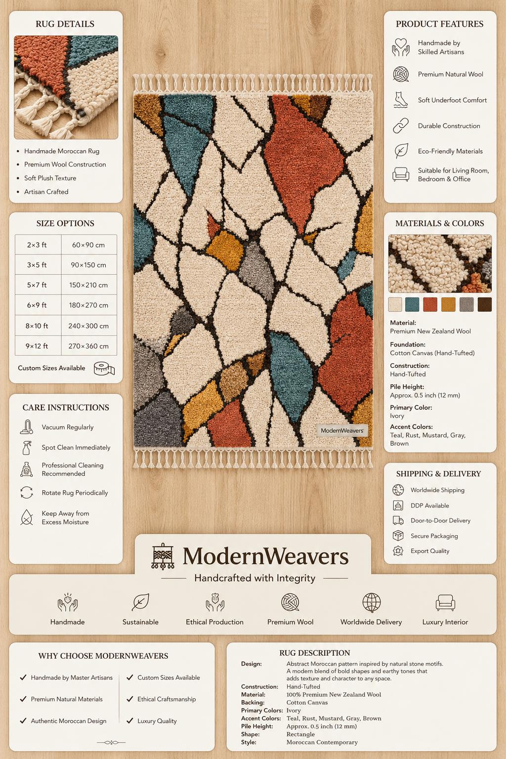 Abstract Moroccan Hand-Knotted Wool Rug | Stained-Glass Boho Carpet, Teal Rust Mustard