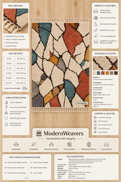 Abstract Moroccan Hand-Knotted Wool Rug | Stained-Glass Boho Carpet, Teal Rust Mustard