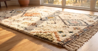 Boho Moroccan Geometric Area Rug | Plush Cream & Colorful Diamond Area Rug | Handwoven Shag Carpet by ModernWeavers | Custom Sizes
