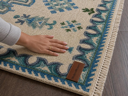 Hand Knotted Ivory and Blue Geometric Area Rug | Transitional Medallion Carpet with Green Accents | Coastal Boho Living Room Decor