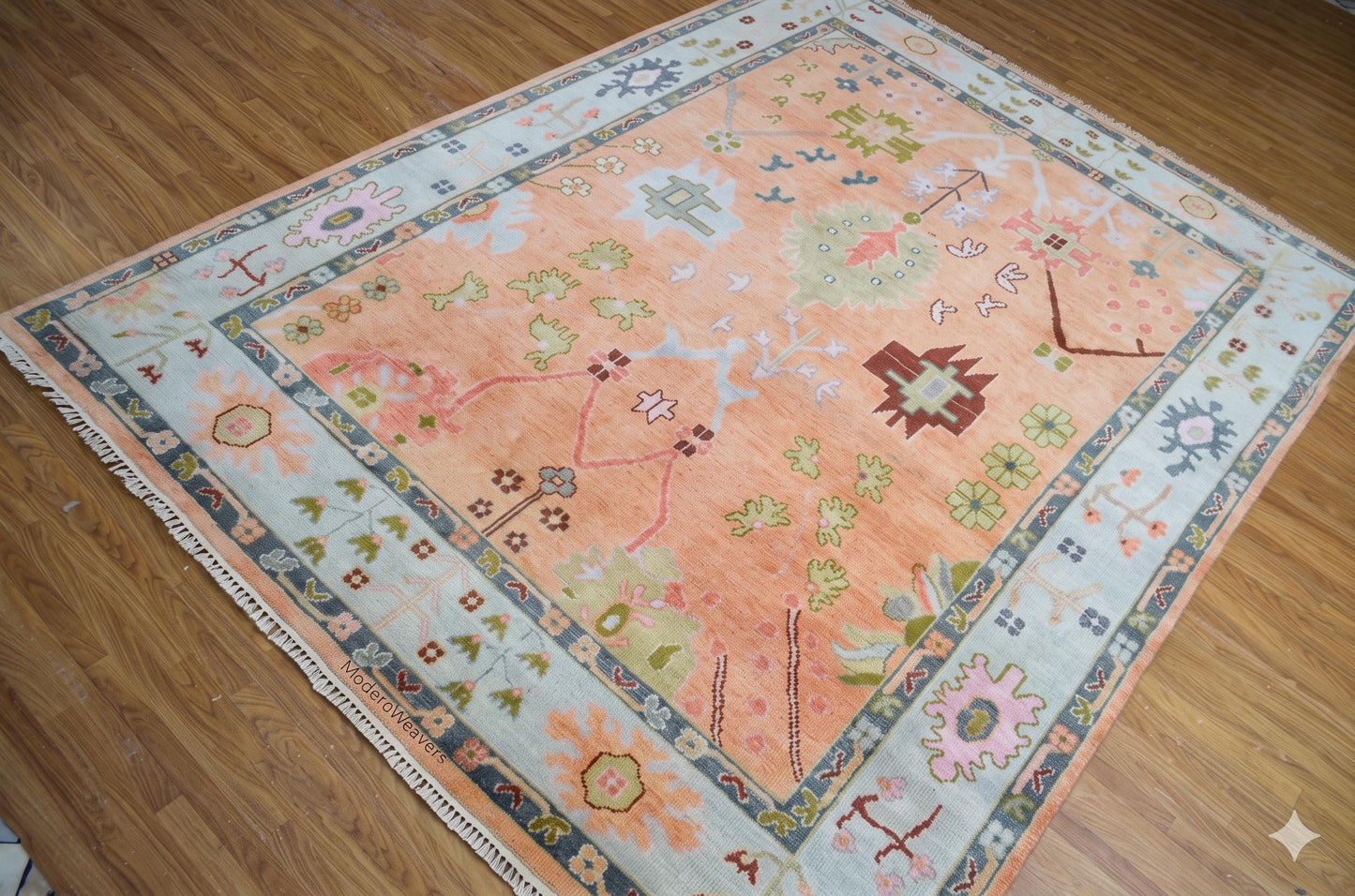 ModernWeavers Hand-Knotted Wool Area Rug | 8x10 Peach & Pastel Blue Tribal Oushak Style Carpet | Natural Wool Artisan Rug for Living Room