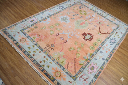 ModernWeavers Hand-Knotted Wool Area Rug | 8x10 Peach & Pastel Blue Tribal Oushak Style Carpet | Natural Wool Artisan Rug for Living Room