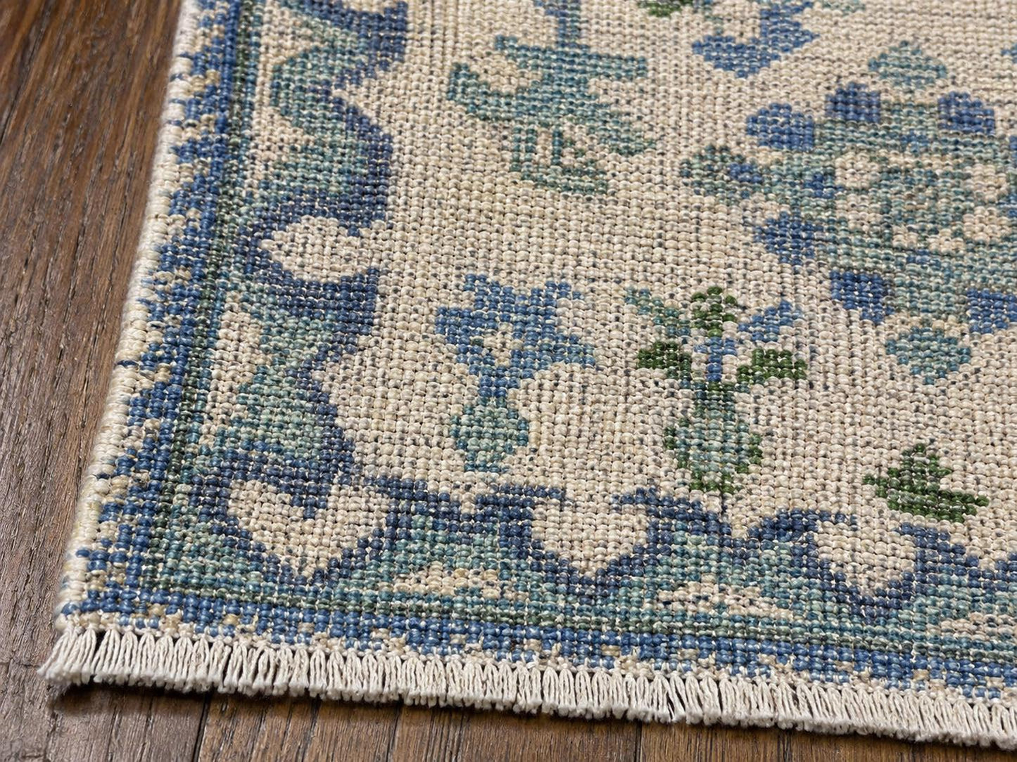 Hand Knotted Ivory and Blue Geometric Area Rug | Transitional Medallion Carpet with Green Accents | Coastal Boho Living Room Decor