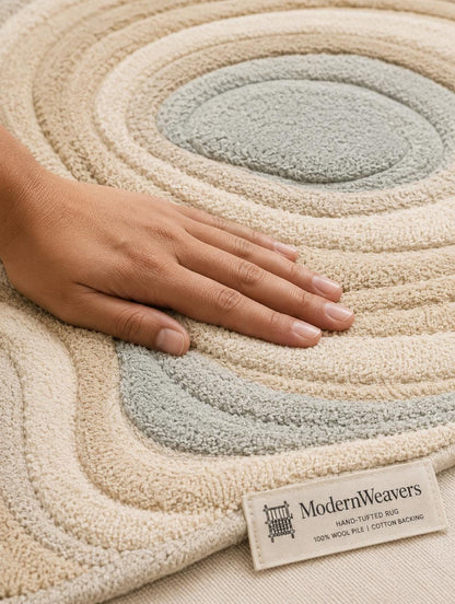 Organic Shape Hand Tufted Rug | Zen Ripples Topographic Design | Neutral Minimalist Carved Carpet | Soft Earth Tone Abstract Area Rug