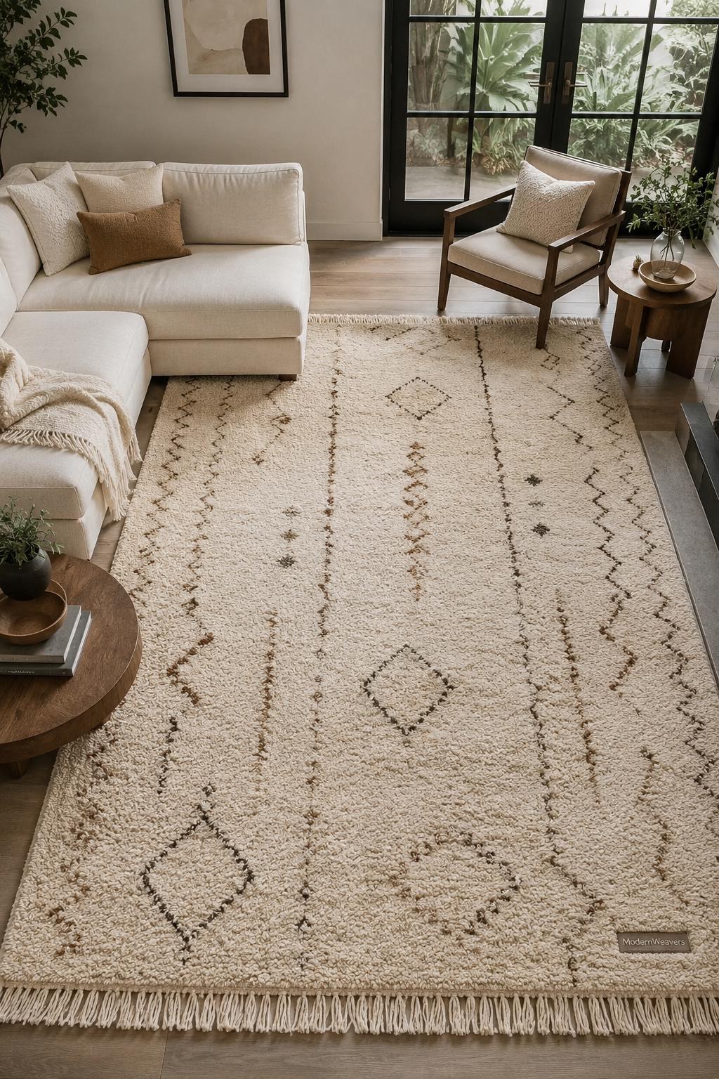 Hand-Knotted Moroccan Rug | Cream Brown Beni Ourain Style Tribal Diamond Wool Area Rug
