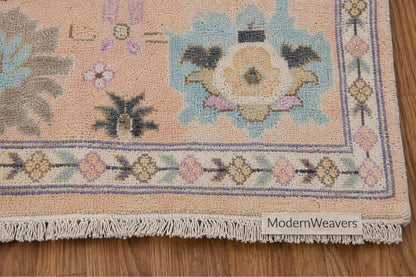 Pastel Peach Hand Knotted Rug | Large Floral Turkish Oushak Carpet | Muted Lavender and Green Accent Rug | Wool Area Rug