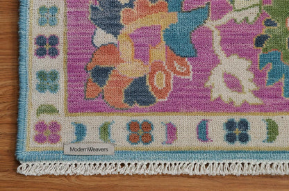Hand Knotted Oushak Rug | Light Blue & Vibrant Pink Floral Area Rug | Wool Turkish Design Carpet | Pastel Boho Rug for Living Room