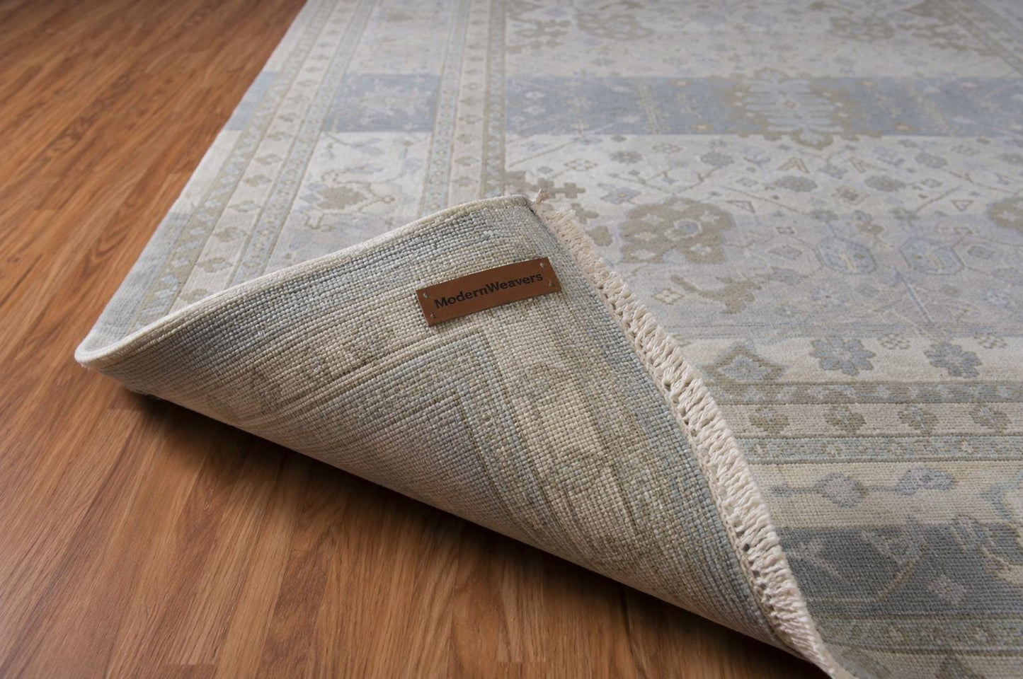 Hand-Knotted Oushak Style Rug | Muted Pastel Blue, Ivory, Taupe Wool Area Carpet