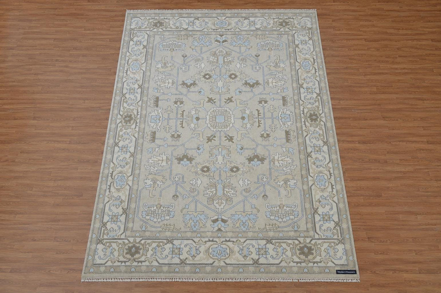 Elegant 9x12 Traditional Area Rug | Artisan Hand-Knotted Floor Covering | Neutral Palette with Blue Accents