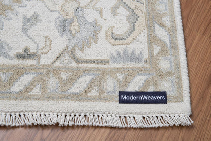 Hand-Knotted Oushak Style Rug | Pastel Ivory, Light Blue, Beige Floral Geometric Living Room Decor