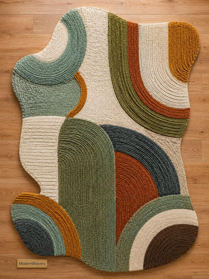 Organic Shape Hand Tufted Rug | Textured Geometric Arch Design | Earth Tone Ribbed Carpet | Mid-Century Modern Abstract Boho Area Rug