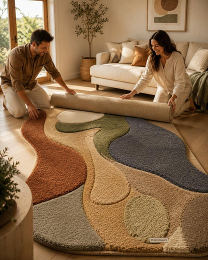 3D Carved Abstract Rug | Organic Wavy Shape Carpet, Earth Tone Wabi Sabi Floor Art
