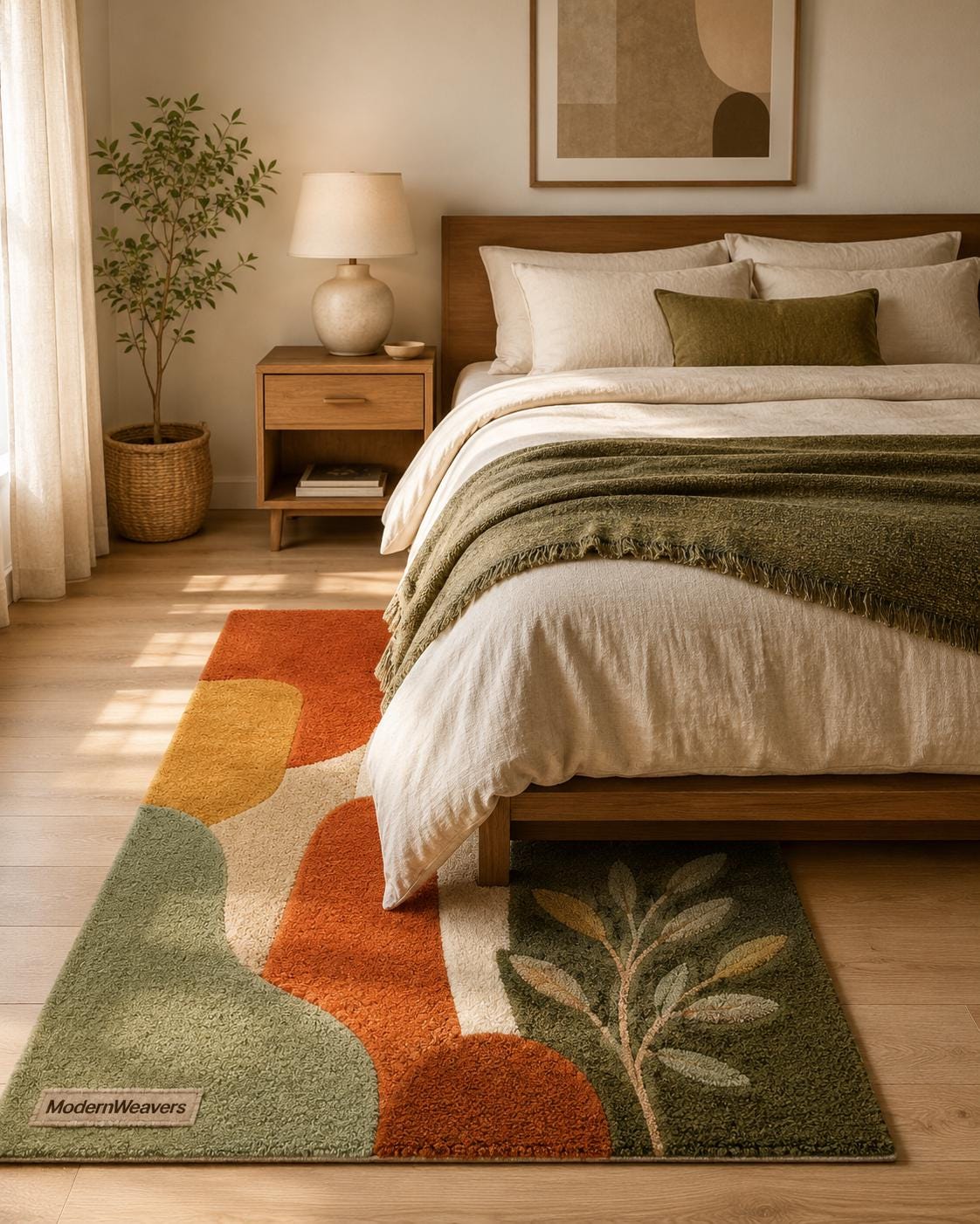 Mid-Century Modern Abstract Botanical Rug | Hand-Tufted Boho Arch Area Carpet | Contemporary Leaves Design Rug for Living, Bedroom & Nursery