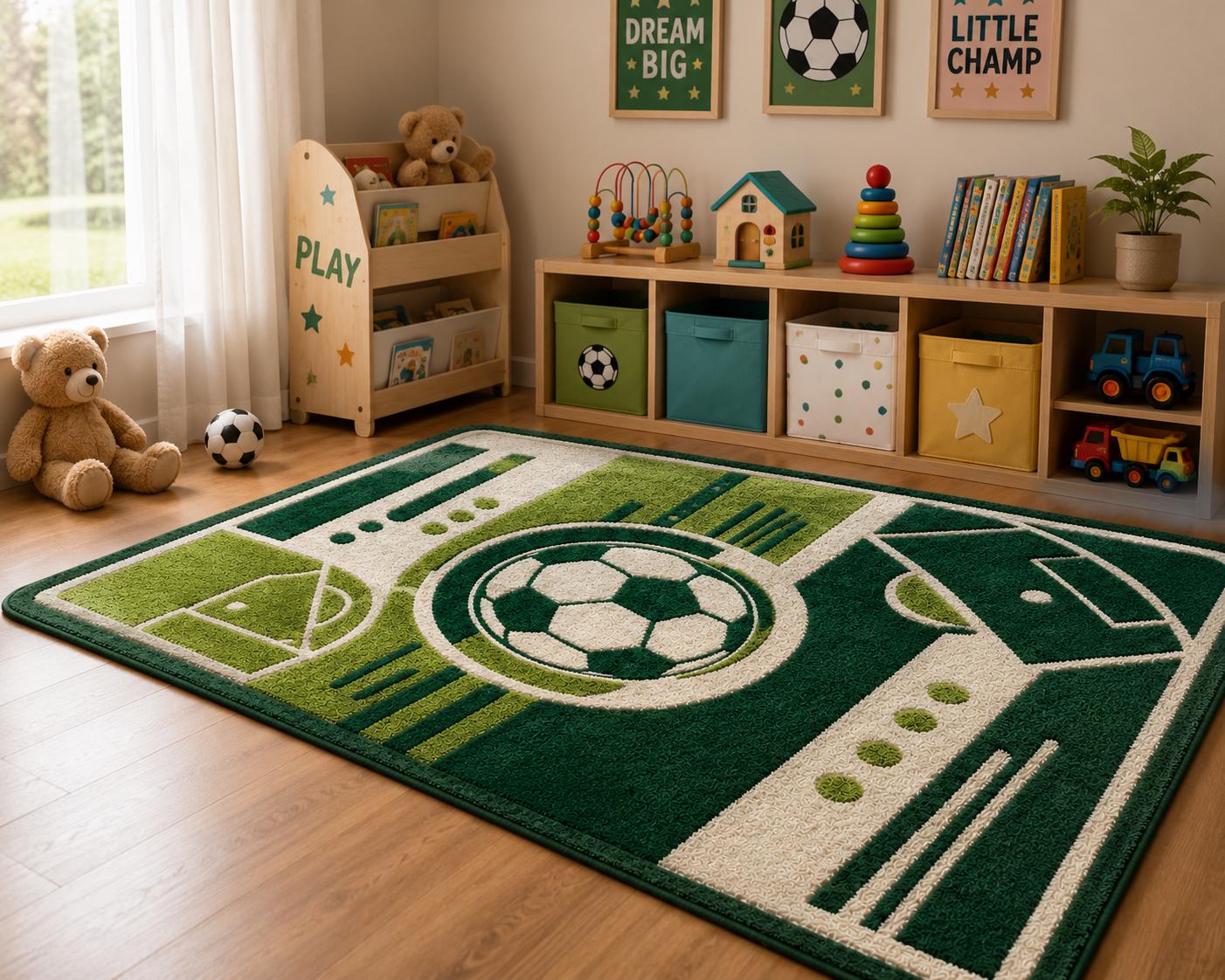Round Soccer Ball Rug | 3D Carved Football Pitch Carpet, Kids Sports Room Decor