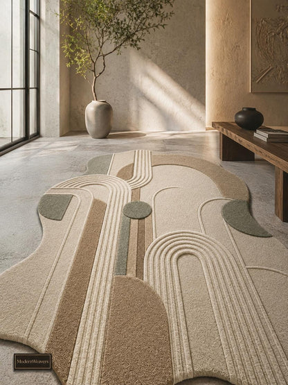Modern Abstract Hand Tufted Rug | Neutral Geometric Arch Area Rug | Boho Earth Tone 3D Textured Carpet | Wavy Minimalist Room Decor
