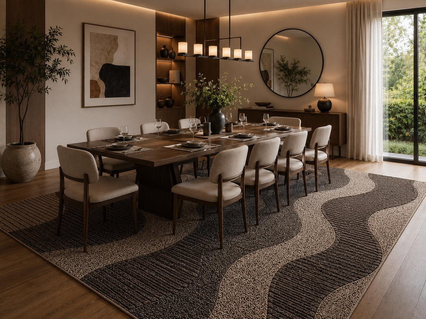 Modern Wavy Abstract Hand-Tufted Wool Rug | Dark Charcoal & Taupe Luxury Area Rug