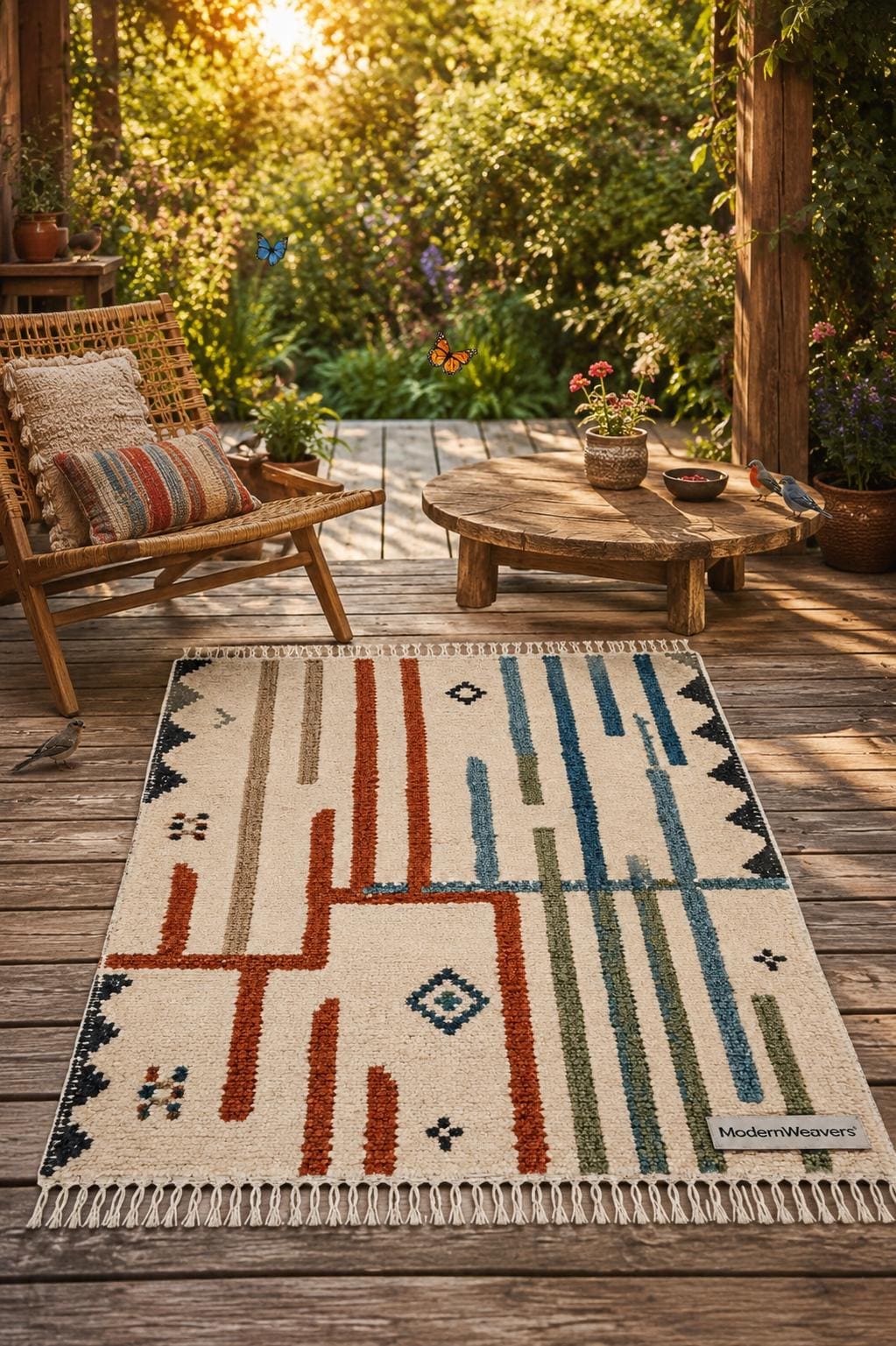 Hand Knotted Moroccan Rug | Abstract Linear Tribal Carpet, Boho Teal Rust Fringed Floor Art