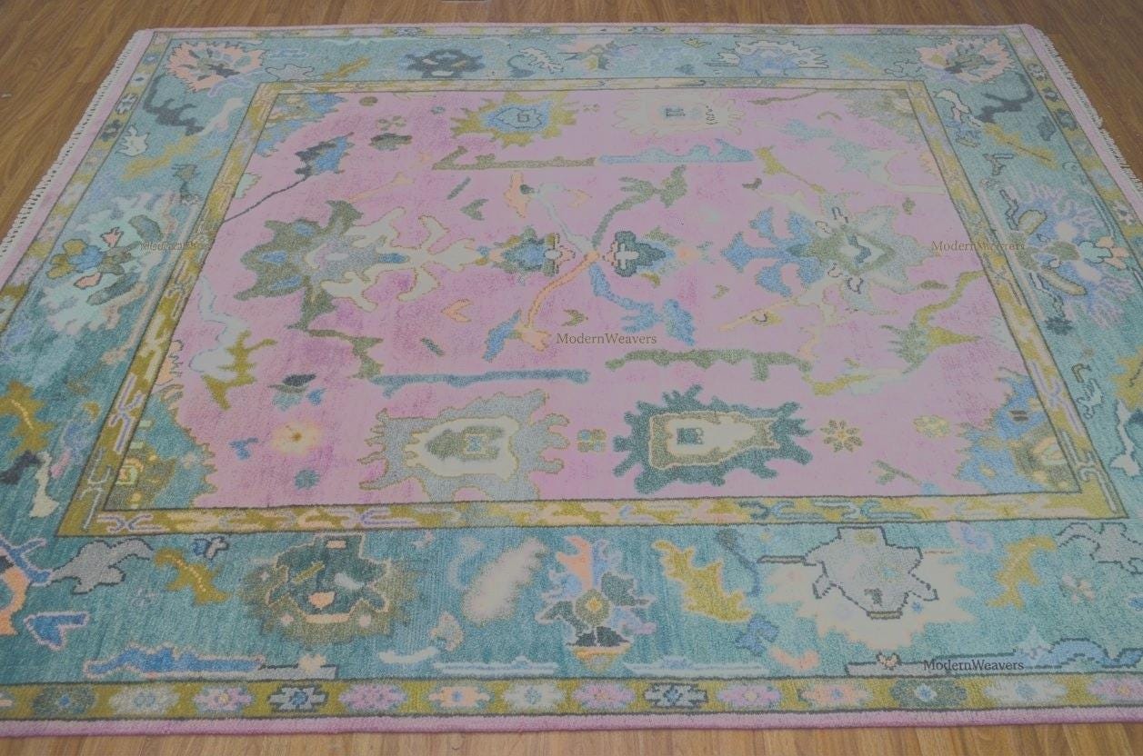 Hand-Knotted Wool Oushak Rug, Pastel Pink Teal Transitional Living Room Carpet