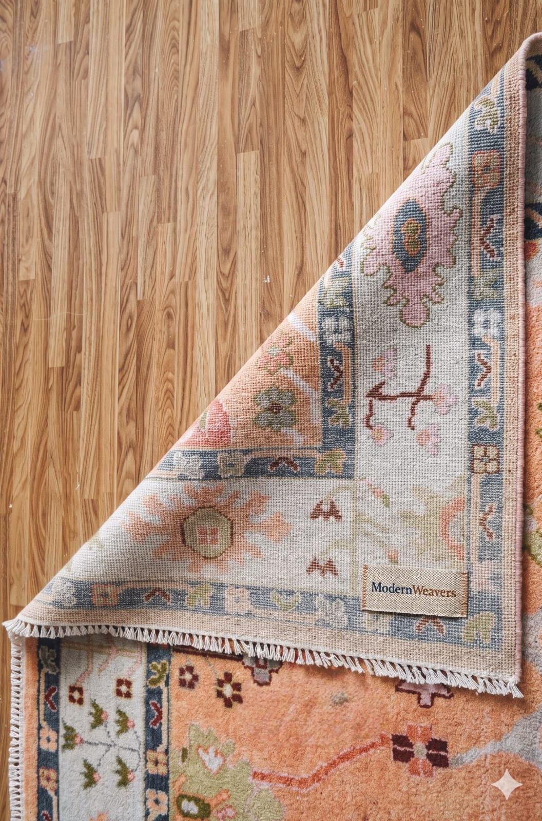 ModernWeavers Hand-Knotted Wool Area Rug | 8x10 Peach & Pastel Blue Tribal Oushak Style Carpet | Natural Wool Artisan Rug for Living Room