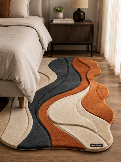 Abstract Wavy Hand Tufted Rug | Organic 3D Textured Area Rug | Terracotta & Charcoal Boho Decor | Mid Century Modern Irregular Carpet