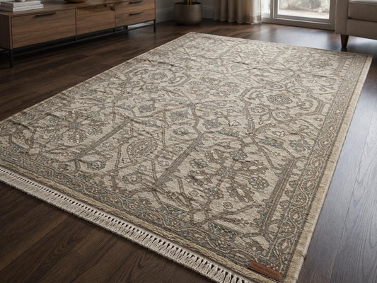 Hand-Knotted Wool Area Rug | Authentic Artisan Handmade Carpet for Living Room & Bedroom | Vintage Style Oriental Rug Neutral Floral Pattern