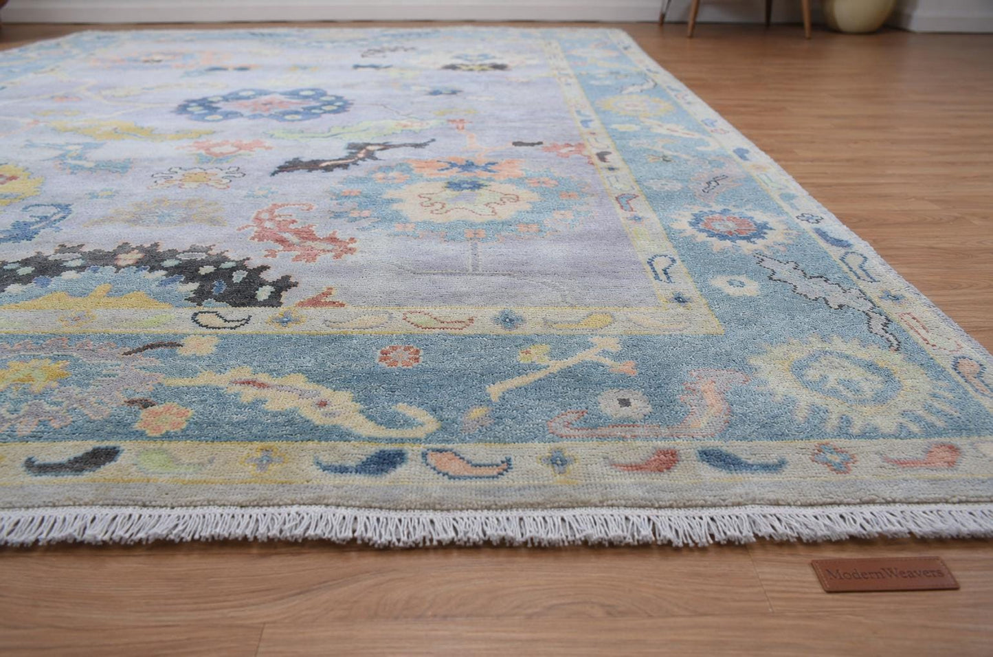 Hand-Knotted Oushak Style Rug | Pastel Blue Floral Wool Carpet 9'x12'