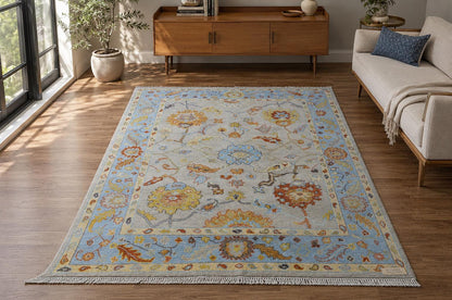 ModernWeavers Hand-Knotted Wool Rug | Cream & Light Blue Floral Oushak Area Rug | Transitional Botanical Pattern | Luxury Artisan Carpet