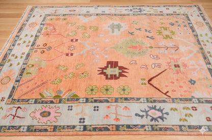 ModernWeavers Hand-Knotted Wool Area Rug | 8x10 Peach & Pastel Blue Tribal Oushak Style Carpet | Natural Wool Artisan Rug for Living Room