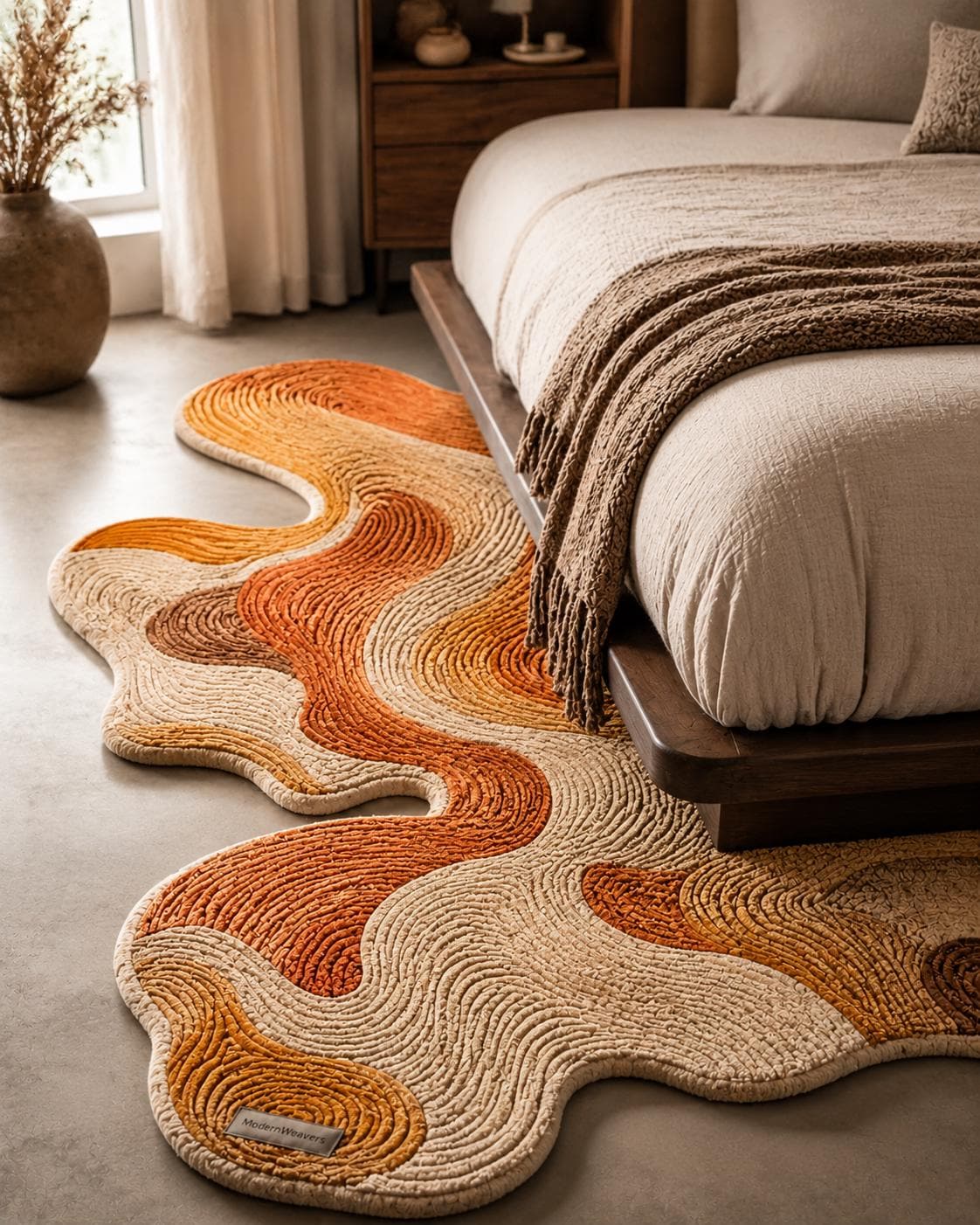 Abstract Swirl Hand Tufted Rug | Organic Wavy Textural Carpet | Modern Burnt Orange & Neutral Area Rug | Sculptural Biophilic Floor Art