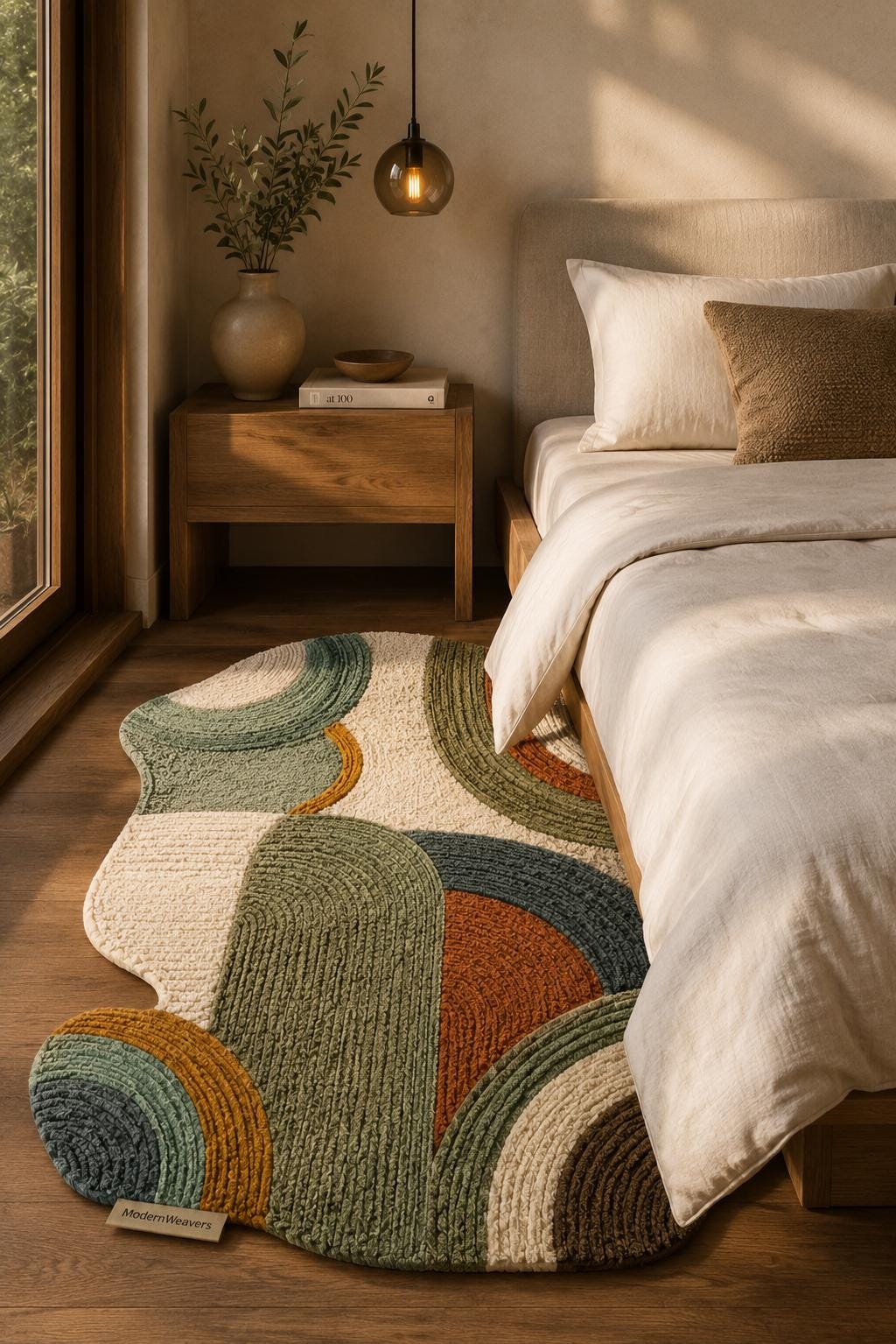 Organic Shape Hand Tufted Rug | Textured Geometric Arch Design | Earth Tone Ribbed Carpet | Mid-Century Modern Abstract Boho Area Rug