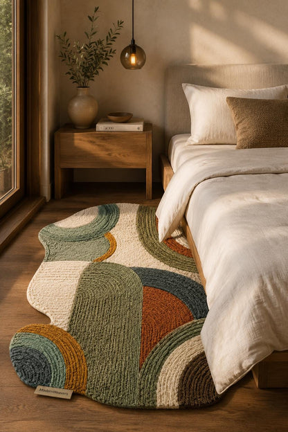 Organic Shape Hand Tufted Rug | Textured Geometric Arch Design | Earth Tone Ribbed Carpet | Mid-Century Modern Abstract Boho Area Rug