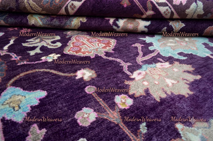 Hand-Knotted Wool Oushak Rug – Royal Purple Floral Traditional Carpet 9x12