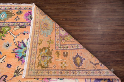Hand-Knotted Wool Rug – Oushak Style Orange Floral Carpet, Artisan Area Rug