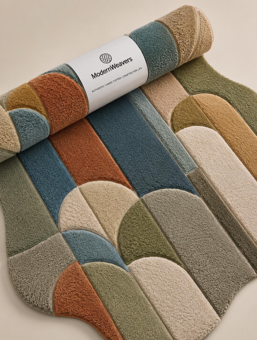 Organic Shape Hand Tufted Rug | Mid-Century Modern Geometric Arch Design | Colorful Retro Carved Area Rug | Abstract Bauhaus Carpet