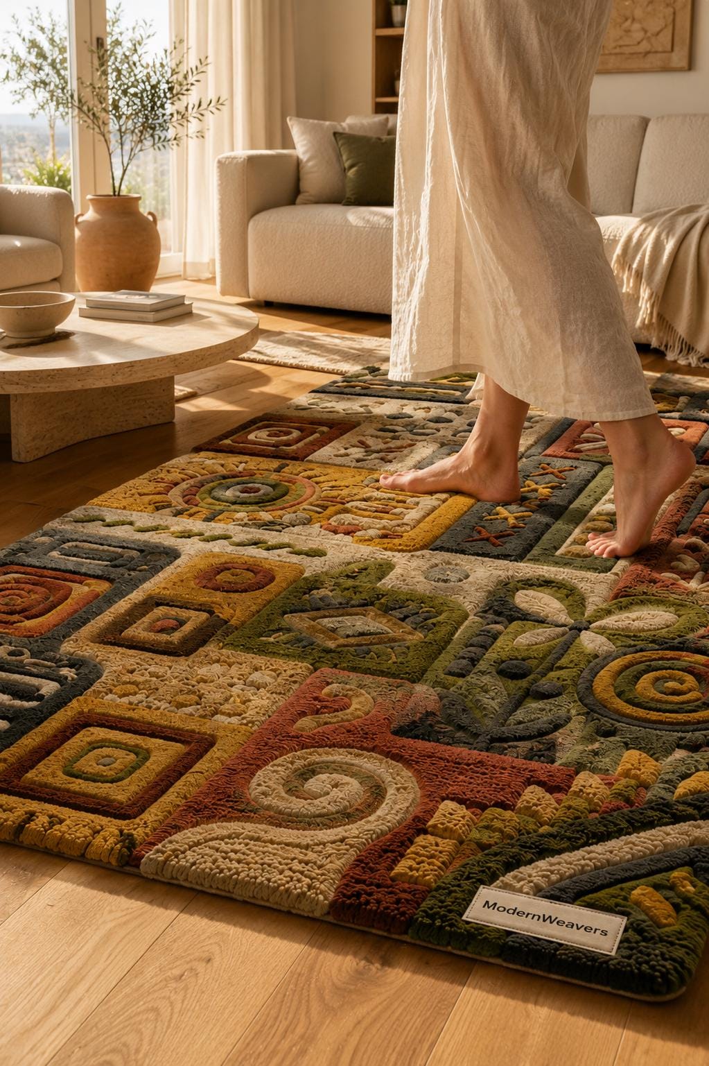 3D Carved Patchwork Rug | Earth Tone Folk Art Tufted Carpet | Boho Geometric Floor Art