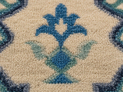 Hand Knotted Ivory and Blue Geometric Area Rug | Transitional Medallion Carpet with Green Accents | Coastal Boho Living Room Decor