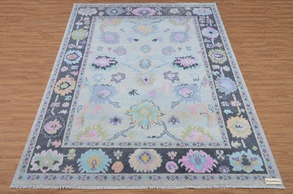 Hand-Knotted Pastel Floral Area Rug | Transitional Oushak Style Carpet | Ivory, Slate Grey, Pink & Blue Wool Rug for Living Room