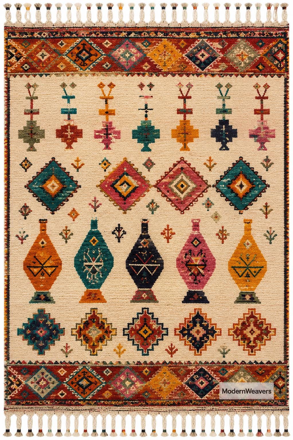 Hand Knotted Moroccan Rug | Colorful Geometric Boho Area Carpet, Jewel Tone Motifs