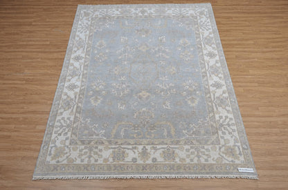 8x10 Hand-Knotted Wool Rug | Muted Oushak Style Silver Gray Cream Carpet