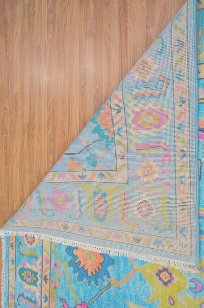 Hand-Knotted Oushak Wool Rug – 9x12 Sky Blue Floral Carpet, Indian Artisan Weave