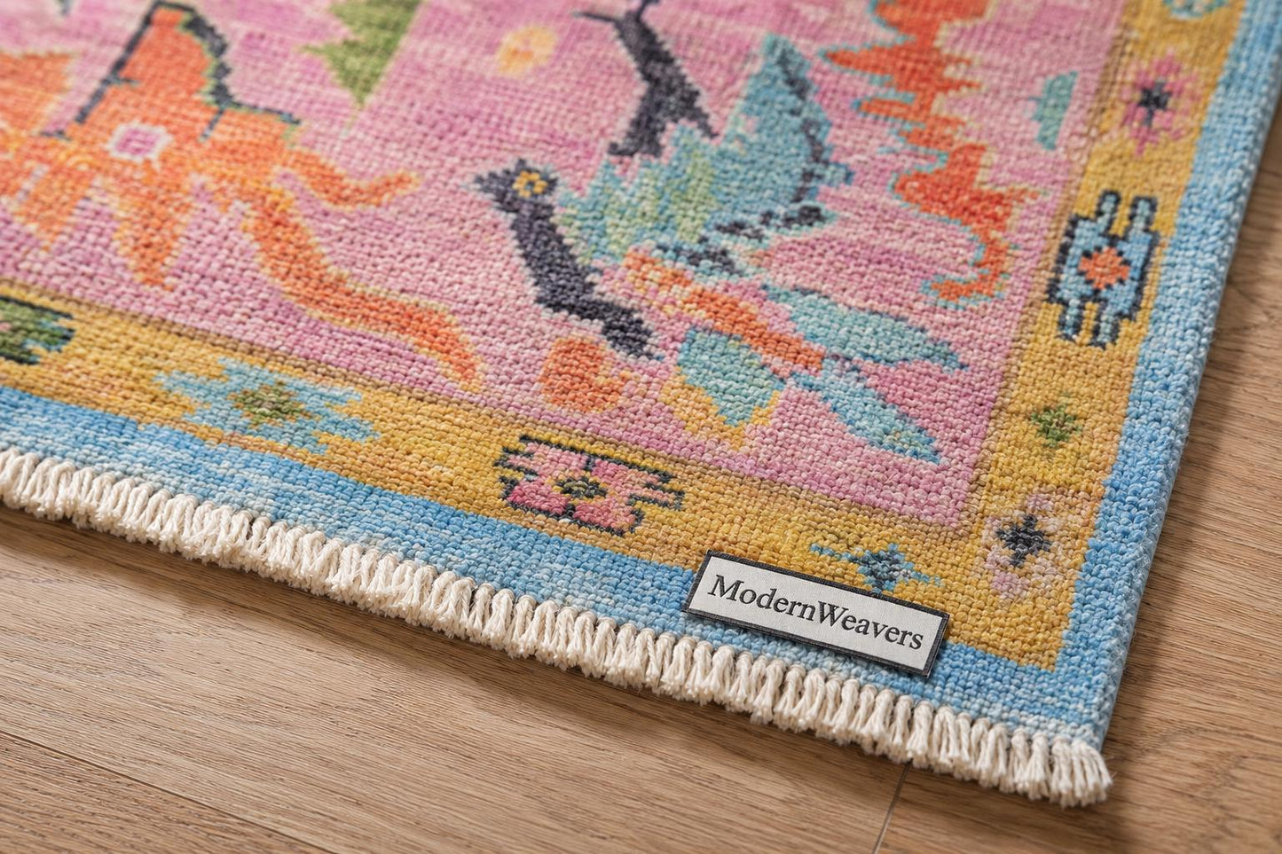 Boho-Chic Hand-Knotted Wool Rug, Pink & Blue Floral Pattern – ModernWeavers Statement Piece for Living Room