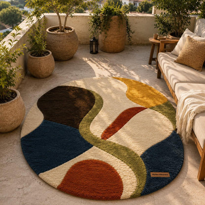 Abstract Wavy Tufted Rug | Retro 70s Colorful Carpet, Mid Century Modern Floor Art