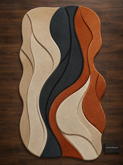 Abstract Wavy Hand Tufted Rug | Organic 3D Textured Area Rug | Terracotta & Charcoal Boho Decor | Mid Century Modern Irregular Carpet