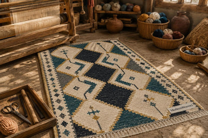 Hand Knotted Moroccan Rug | Teal Blue Mustard Diamond Tribal Carpet