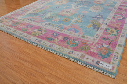 Hand Knotted Oushak Rug | Light Blue & Vibrant Pink Floral Area Rug | Wool Turkish Design Carpet | Pastel Boho Rug for Living Room
