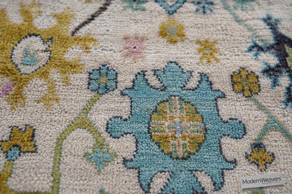Hand-Knotted Oushak Rug | Pastel Floral Wool Area Rug | Cream, Light Blue, and Pink Transitional Rug | Large Living Room Rug