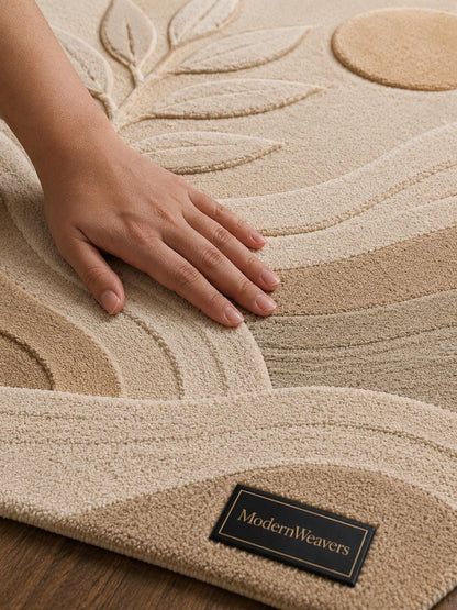 Botanical Landscape Hand Tufted Rug | Neutral Boho Wavy Area Rug | 3D Textured Leaf & Sun Carpet | Earth Tone Abstract Room Decor