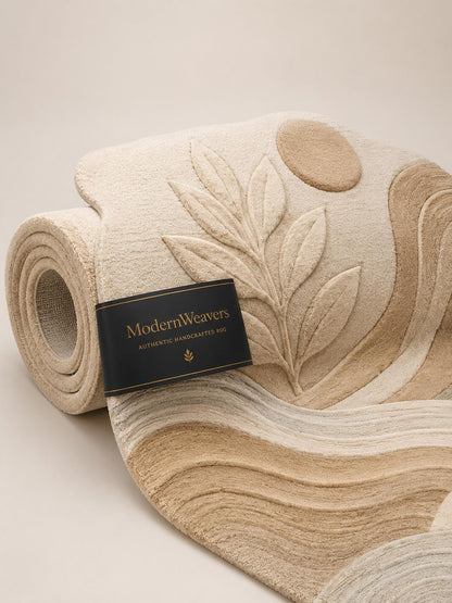 Botanical Landscape Hand Tufted Rug | Neutral Boho Wavy Area Rug | 3D Textured Leaf & Sun Carpet | Earth Tone Abstract Room Decor