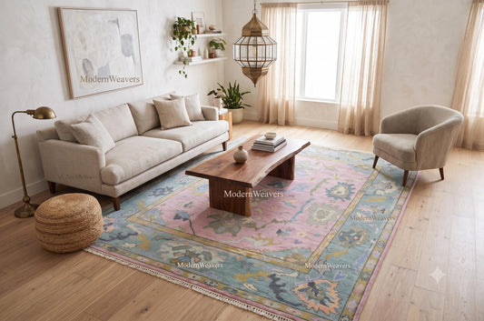 Hand-Knotted Wool Oushak Rug, Pastel Pink Teal Transitional Living Room Carpet