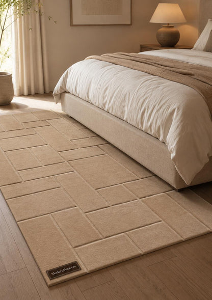 Modern Geometric Block Rug | Minimalist Tan Area Carpet | 3D Sculpted Grid Pattern | Architectural Hand Tufted Floor Art